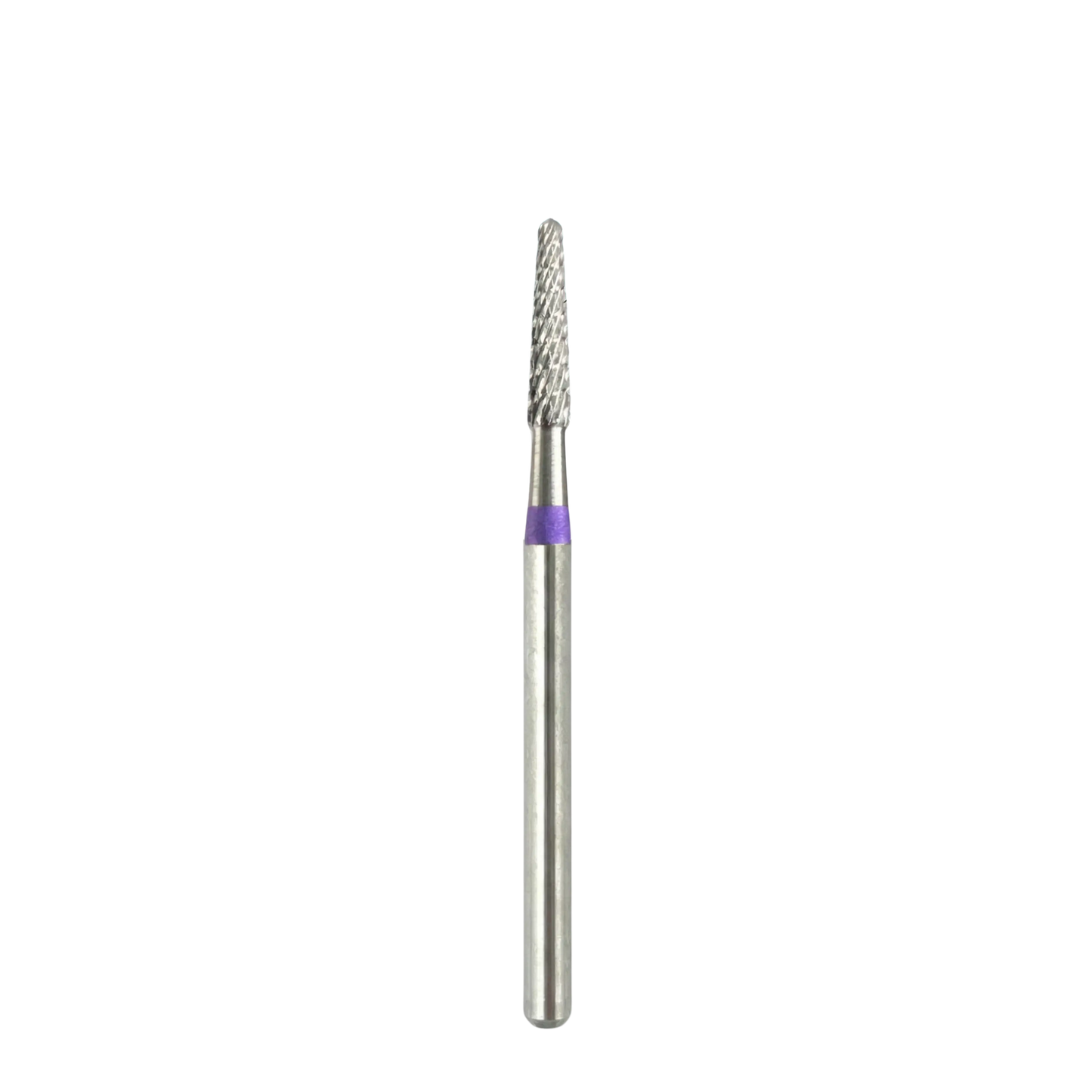 Vue d'ensemble d'un embout de ponceuse à ongles professionnel en carbure, de forme fine et allongée, montrant sa tige métallique et un anneau violet indiquant un type de triple coupe, présenté sur fond blanc.