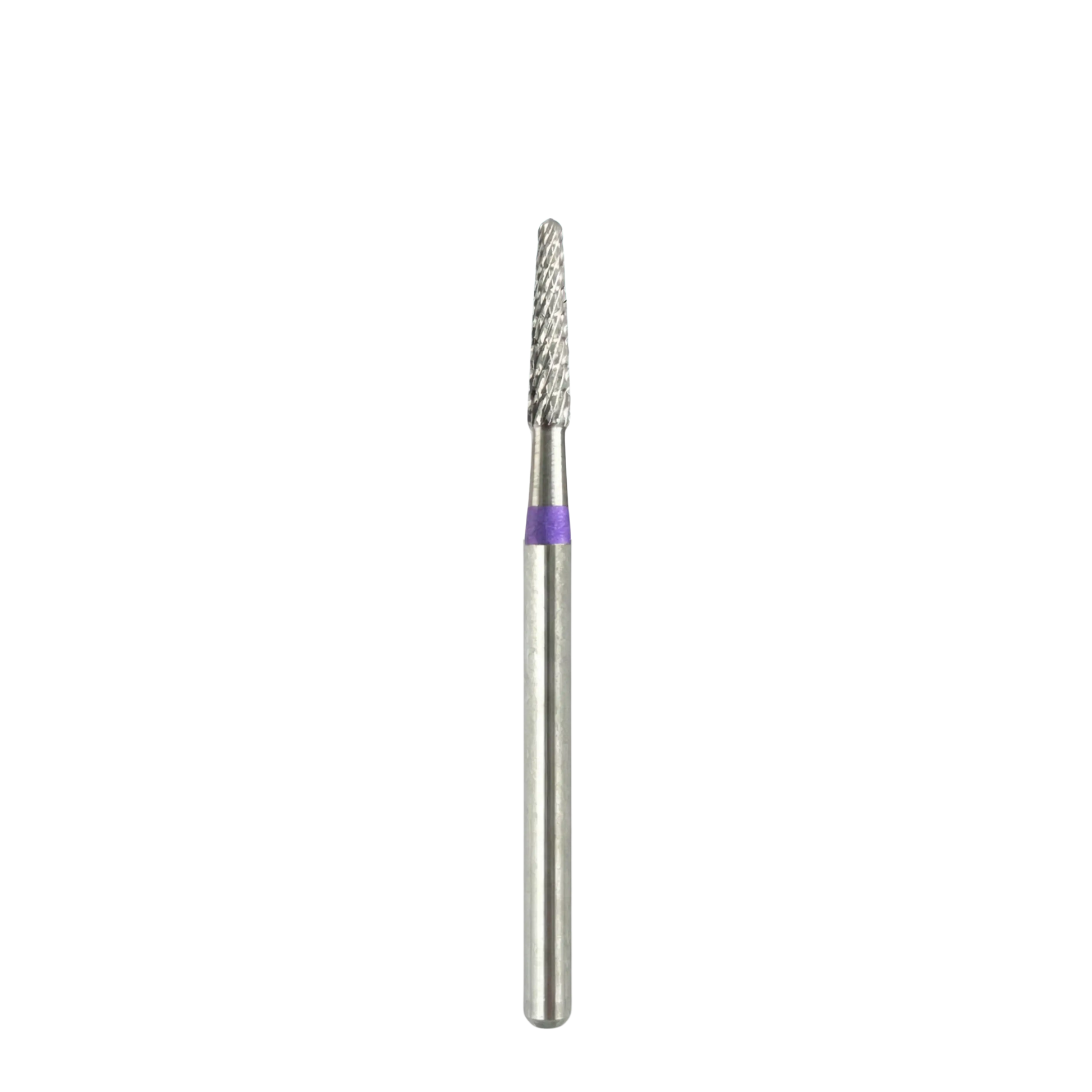 Vue d'ensemble d'un embout de ponceuse à ongles professionnel en carbure, de forme fine et allongée, montrant sa tige métallique et un anneau violet indiquant un type de triple coupe, présenté sur fond blanc.