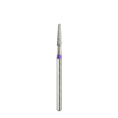 Vue d'ensemble d'un embout de ponceuse à ongles professionnel en carbure, de forme fine et allongée, montrant sa tige métallique et un anneau violet indiquant un type de triple coupe, présenté sur fond blanc.