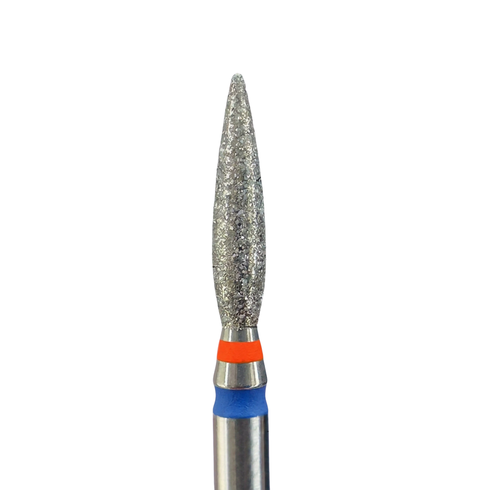 Embout de ponceuse diamant KMIZ forme flamme, Ø 2,3 mm, longueur active 10 mm, tige 2,35 mm, anneaux rouge et bleu.