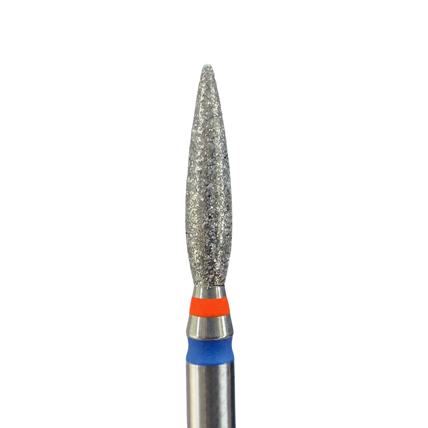 Embout de ponceuse diamant KMIZ forme flamme, Ø 2,3 mm, longueur active 10 mm, tige 2,35 mm, anneaux rouge et bleu.