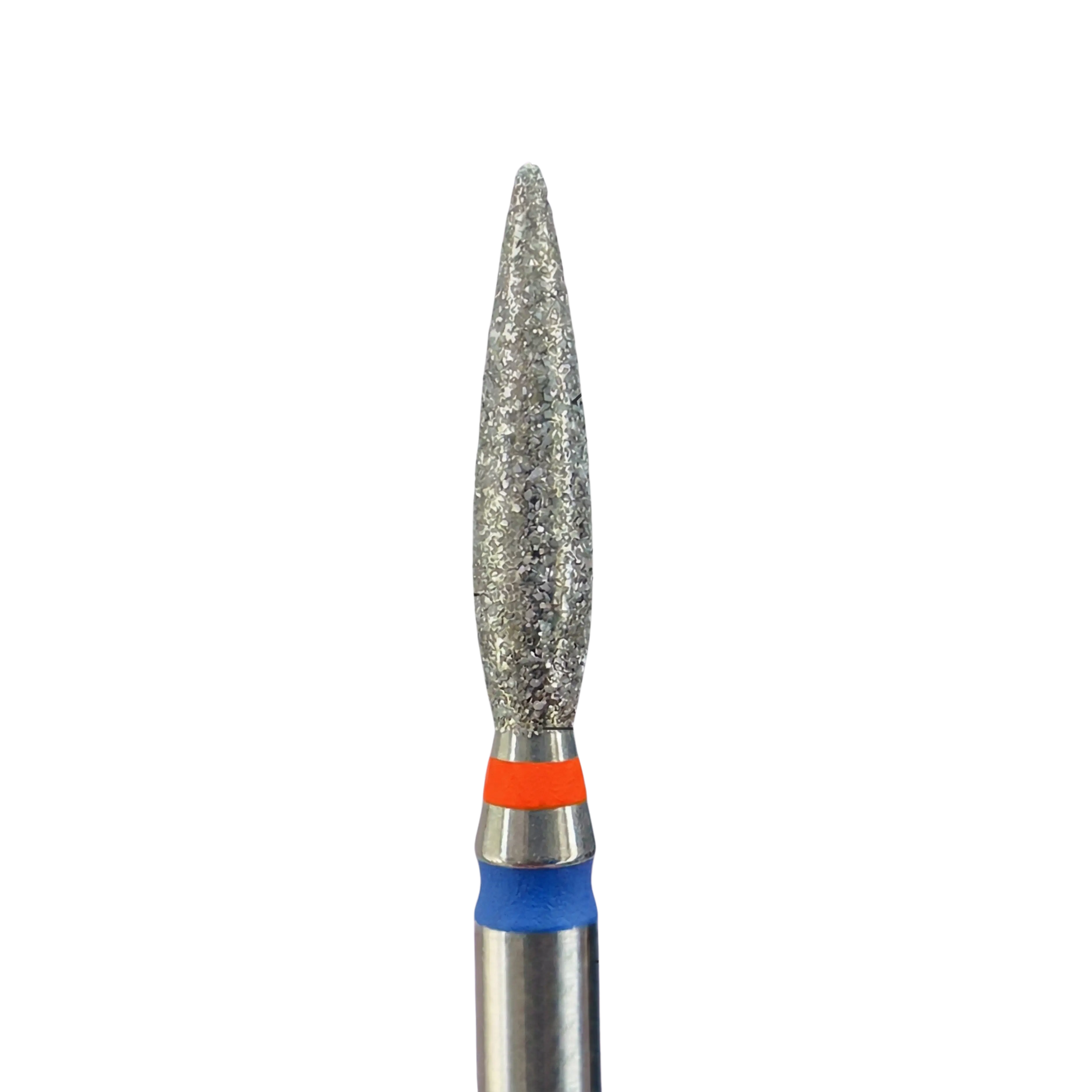 Embout de ponceuse diamant KMIZ forme flamme, Ø 2,3 mm, longueur active 10 mm, tige 2,35 mm, anneaux rouge et bleu.