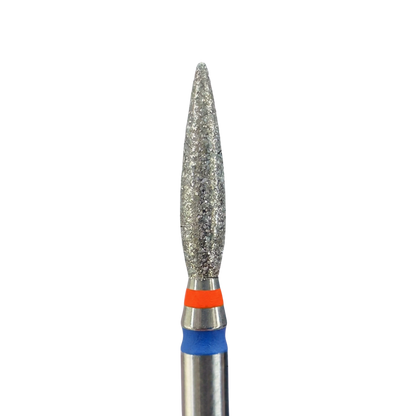 Embout de ponceuse diamant KMIZ forme flamme, Ø 2,3 mm, longueur active 10 mm, tige 2,35 mm, anneaux rouge et bleu.
