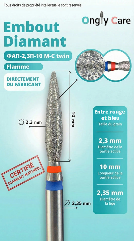 Infographie embout diamant forme flamme Ø 2,3 mm, longueur active 10 mm, tige 2,35 mm, grain entre rouge et bleu.