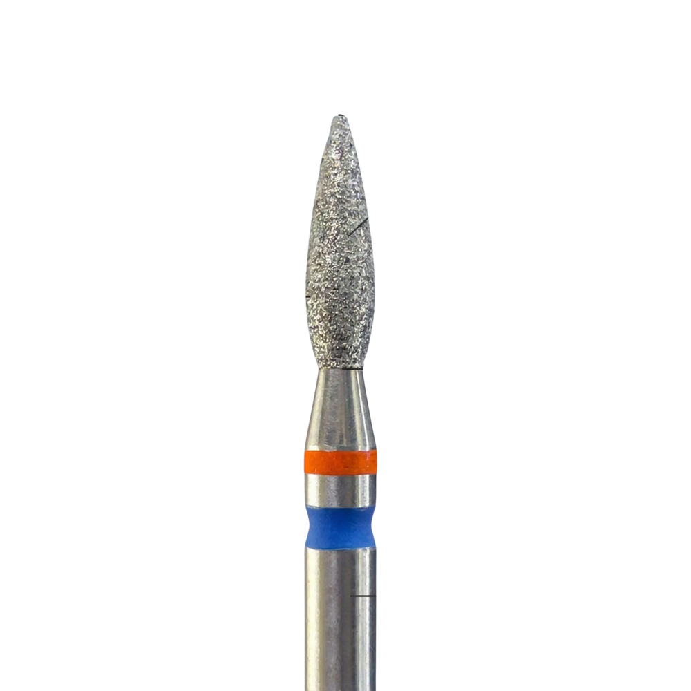 Embout de ponceuse diamant KMIZ forme flamme, Ø 2,3 mm, longueur active 8 mm, tige 2,35 mm, grain rouge/bleu.