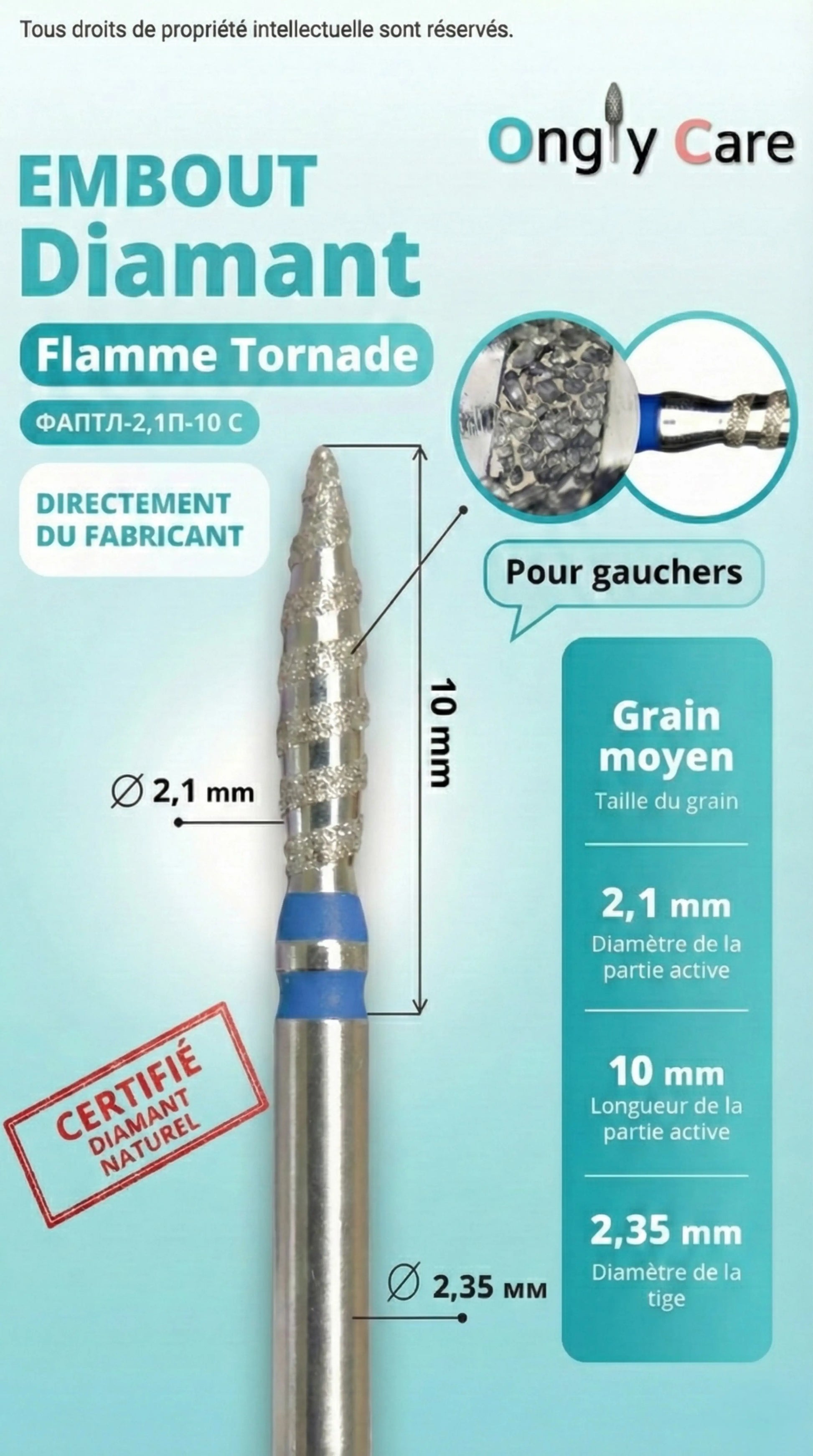 Infographie Ongly Care embout diamant Flamme Tornade pour gauchers : grain moyen, Ø2,1 mm, longueur 10 mm, tige Ø2,35 mm