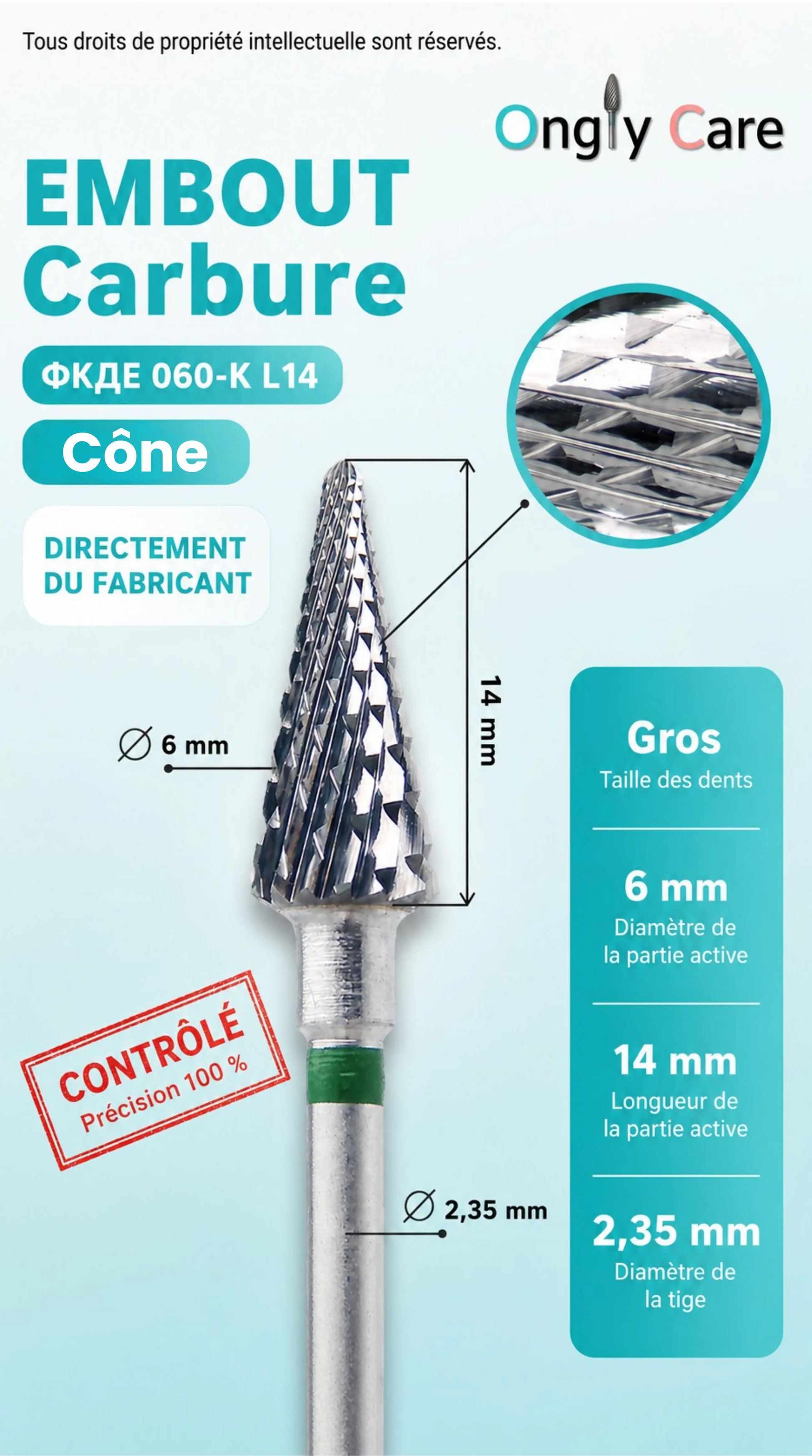 Visuel technique de l’embout en carbure KMIZ 060-K L14, diamètre 6 mm, longueur 14 mm et tige 2,35 mm.