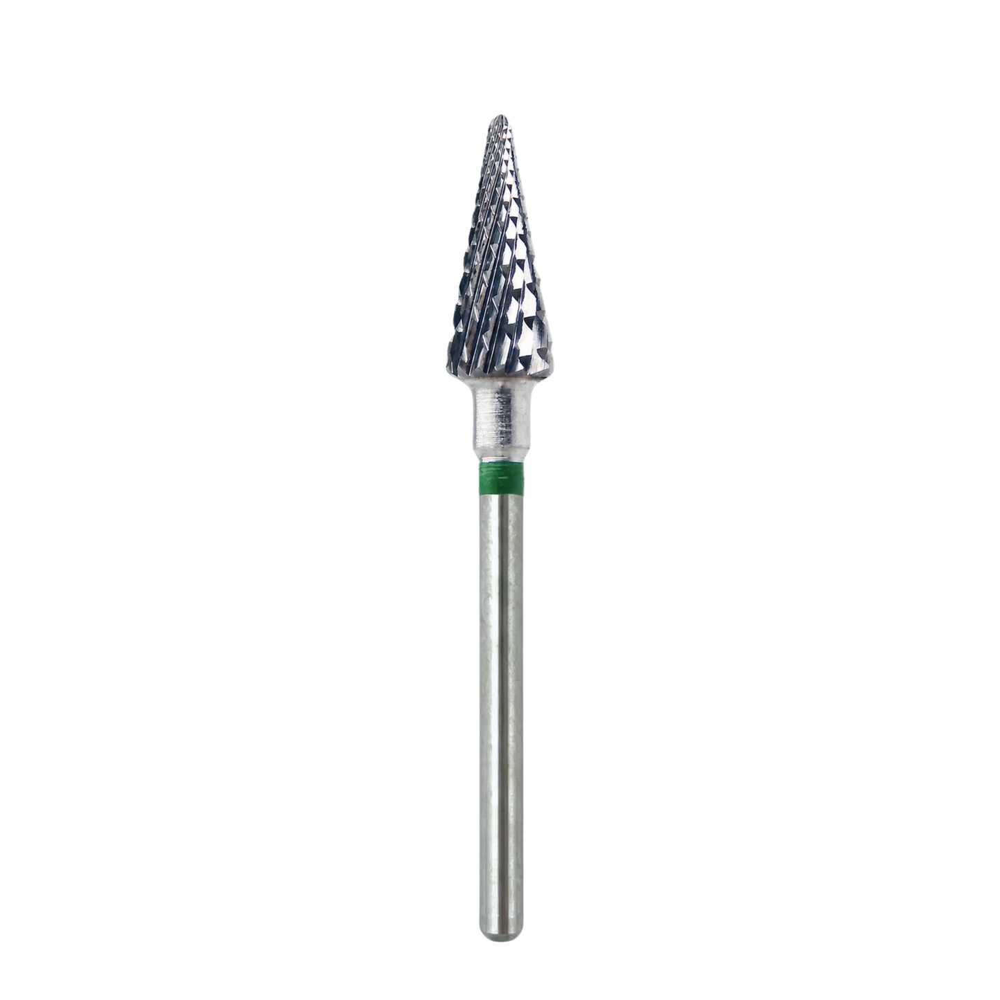Embout en carbure forme sapin avec bague verte, denture gros grain, pour manucure et pédicure professionnelles.