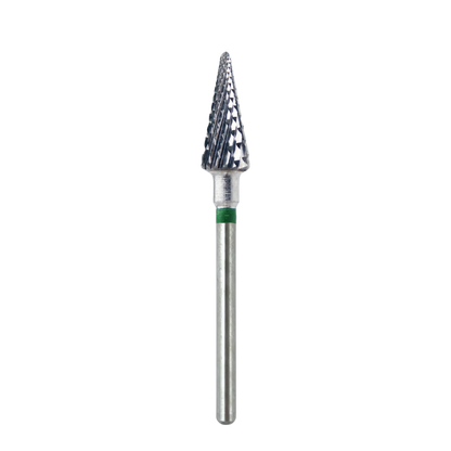 Embout en carbure forme sapin avec bague verte, denture gros grain, pour manucure et pédicure professionnelles.