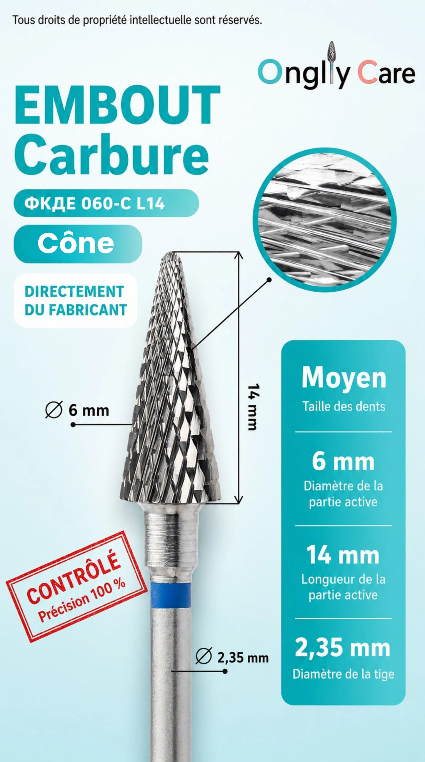 Visuel technique de l’embout en carbure cône KMIZ 060-C L14, diamètre 6 mm, longueur 14 mm et tige 2,35 mm.