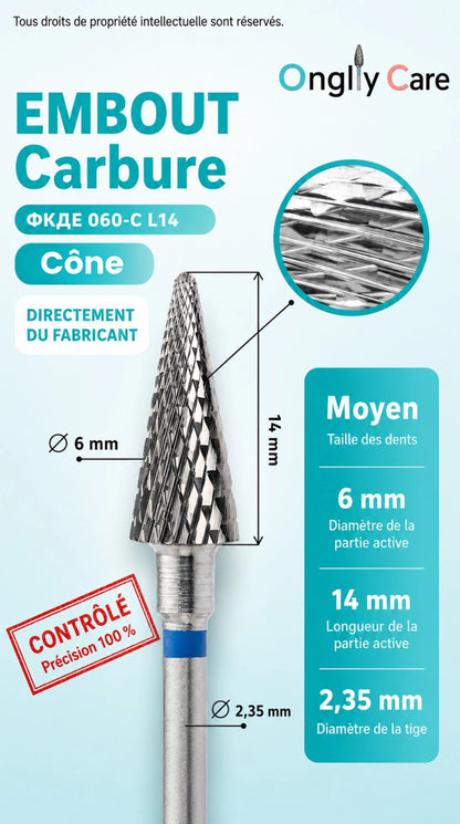 Visuel technique de l’embout en carbure cône KMIZ 060-C L14, diamètre 6 mm, longueur 14 mm et tige 2,35 mm.