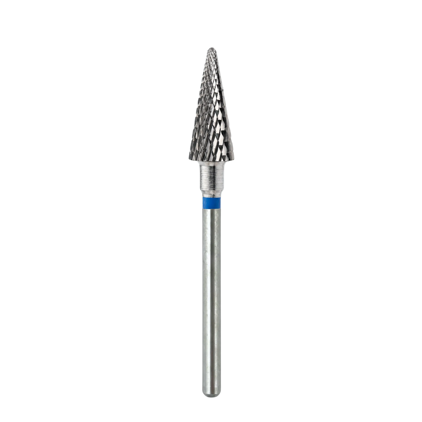 Embout en carbure forme cône, grain moyen, avec bague bleue, pour manucure et pédicure professionnelles.