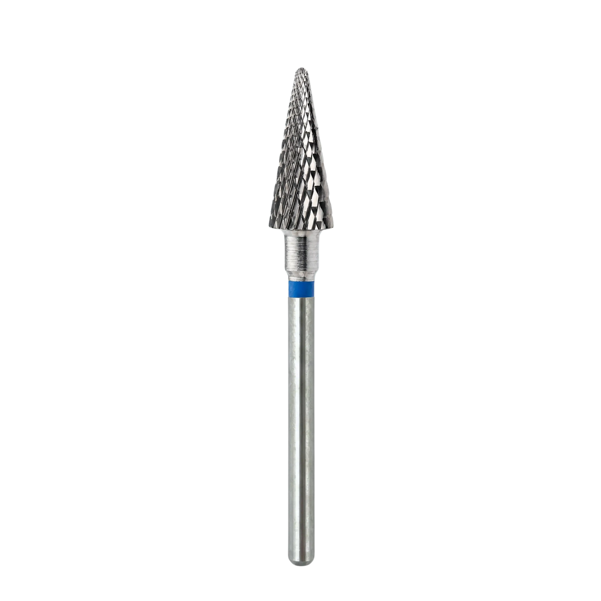 Embout en carbure forme cône, grain moyen, avec bague bleue, pour manucure et pédicure professionnelles.