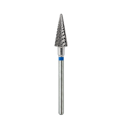 Embout en carbure forme cône, grain moyen, avec bague bleue, pour manucure et pédicure professionnelles.