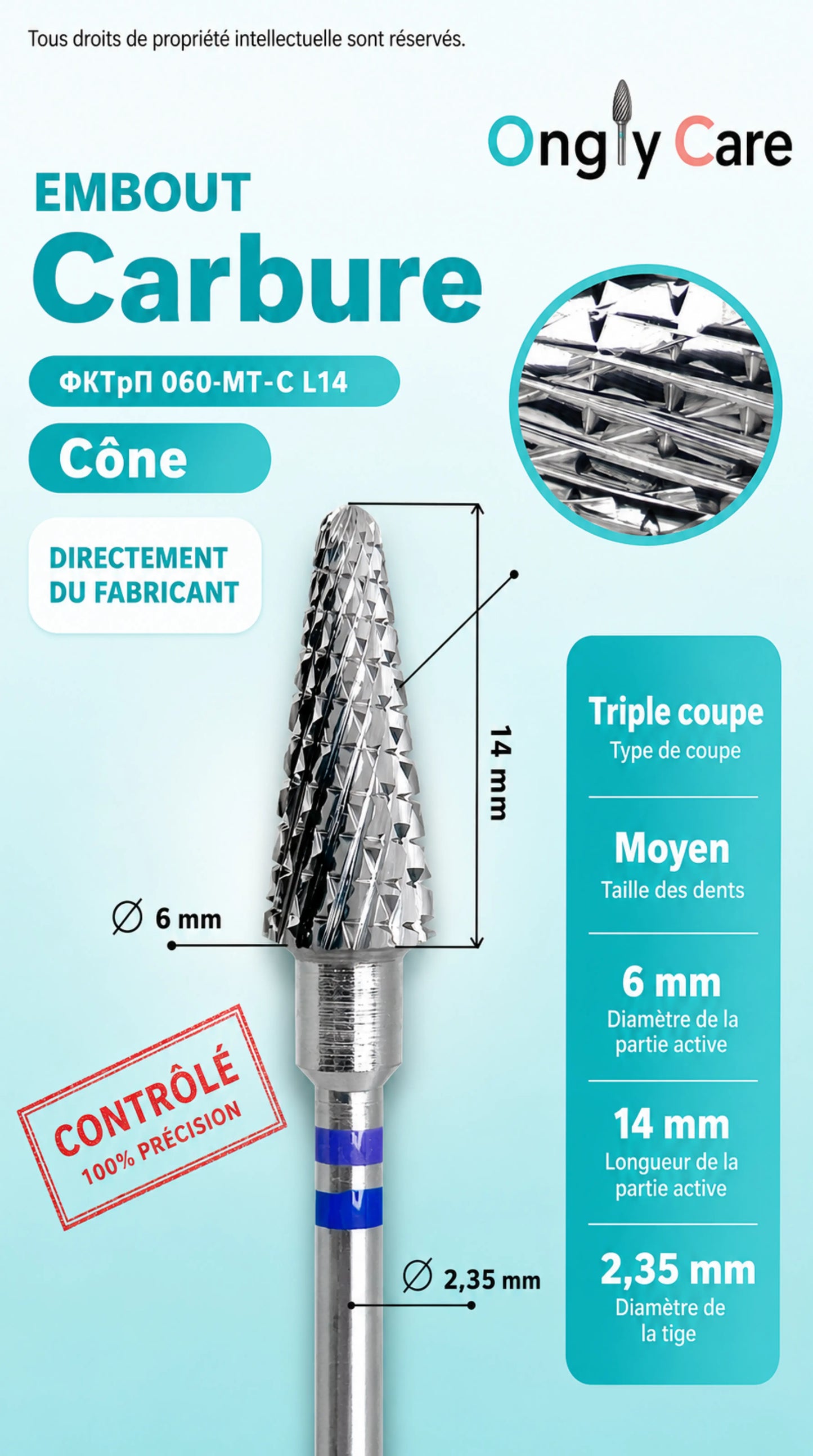 Infographie Ongly Care présentant un embout carbure conique triple coupe, référence ФКТрП 060-МТ-С L14, avec dimensions et caractéristiques techniques.