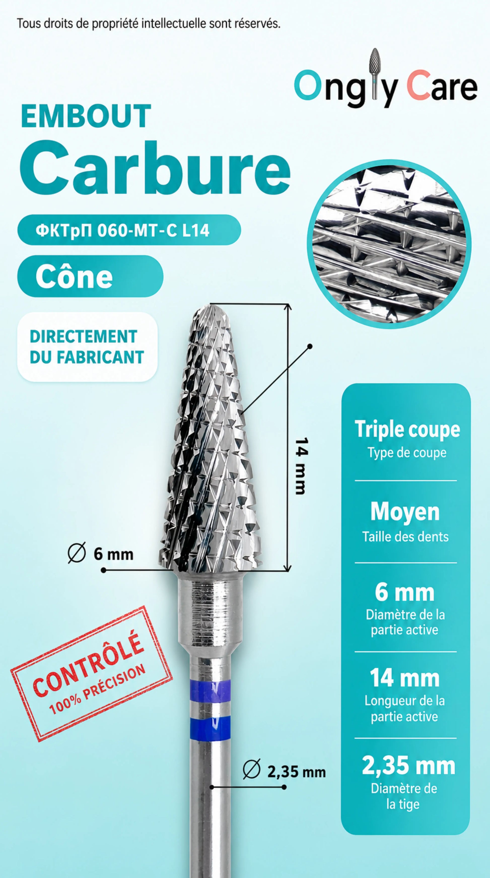 Infographie Ongly Care présentant un embout carbure conique triple coupe, référence ФКТрП 060-МТ-С L14, avec dimensions et caractéristiques techniques.