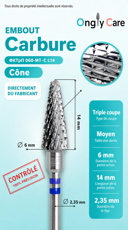 Infographie Ongly Care présentant un embout carbure conique triple coupe, référence ФКТрП 060-МТ-С L14, avec dimensions et caractéristiques techniques.
