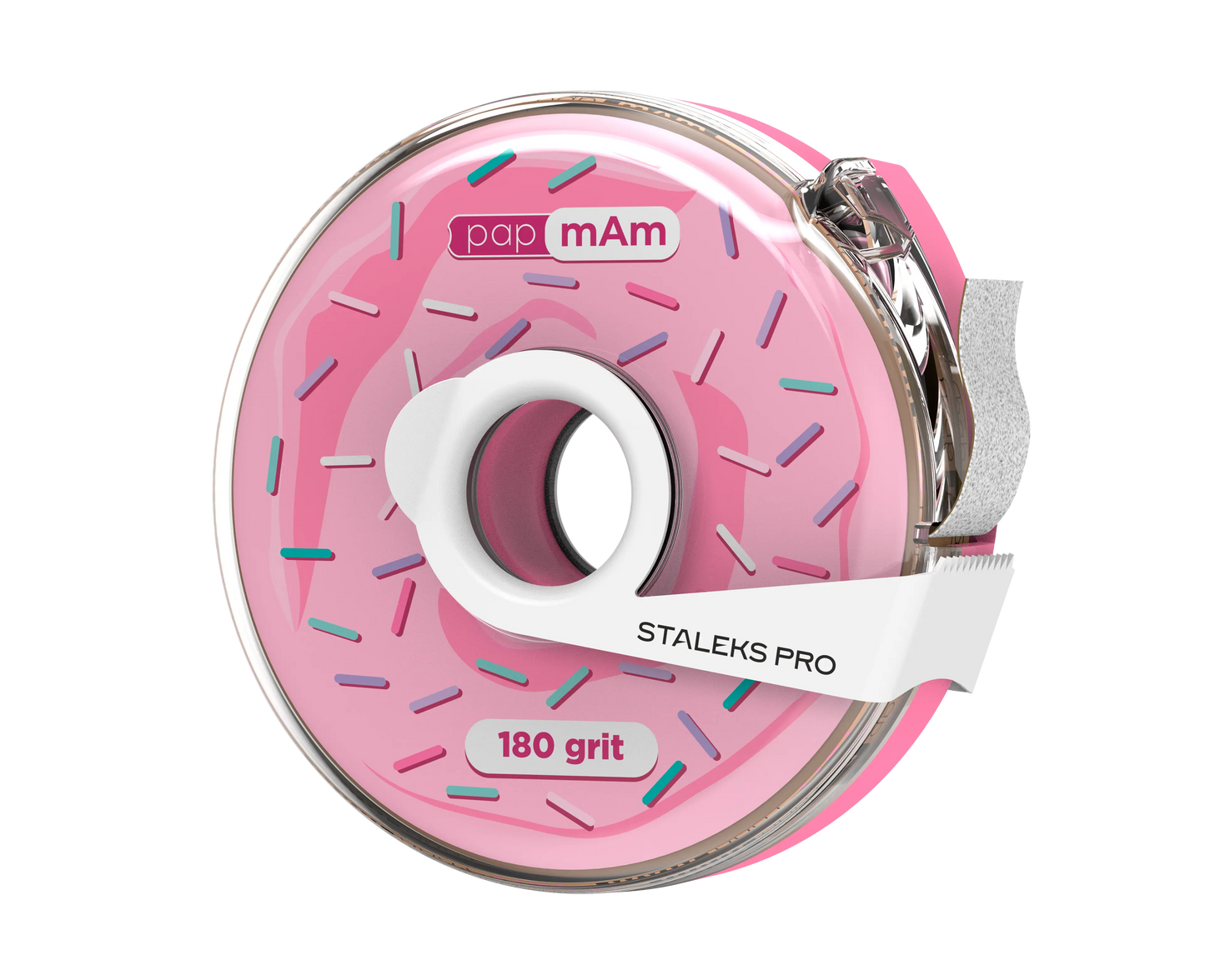 Face avant du distributeur de lime-ruban papmAm Bobbinail STALEKS PRO au design original de donut rose. On aperçoit le ruban abrasif blanc grain 180 qui dépasse et le clip de découpe métallique.