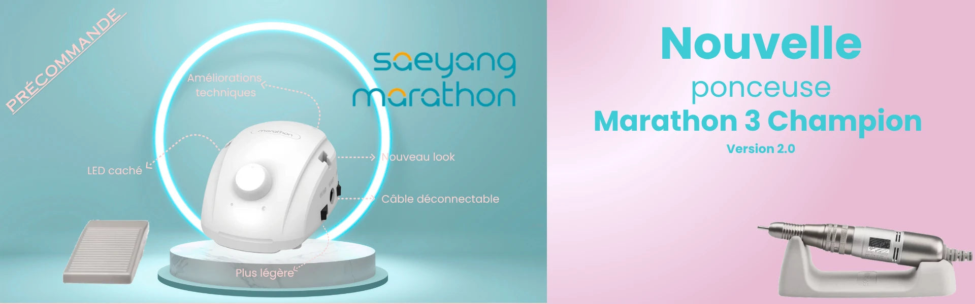 Affiche promotionnelle de la nouvelle ponceuse Saeyang Marathon 3 Champion Version 2.0, avec design plus léger, câble déconnectable, LED cachée et améliorations techniques.