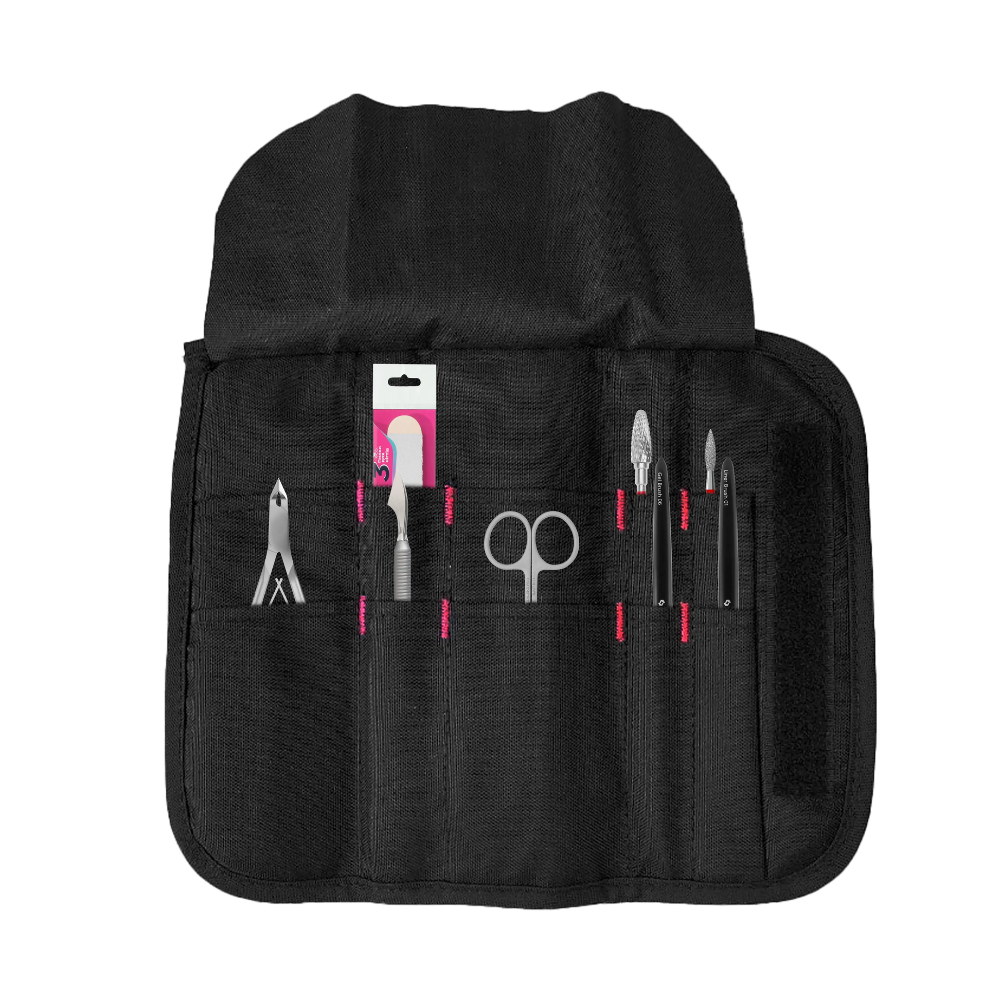 Pochette CS-14 ouverte avec exemples d’outils rangés.