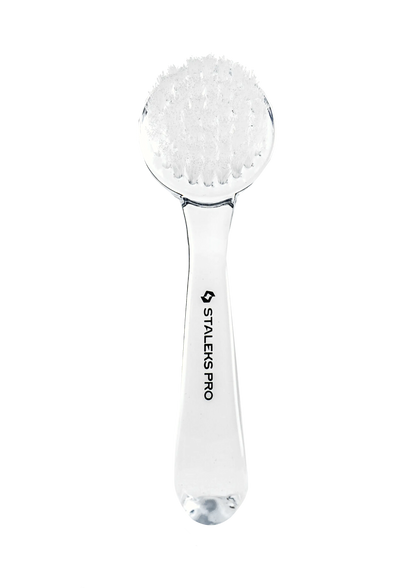 Brosse à ongles transparente STALEKS EXPERT 01 DBE-01 avec poils synthétiques blancs et manche incurvé