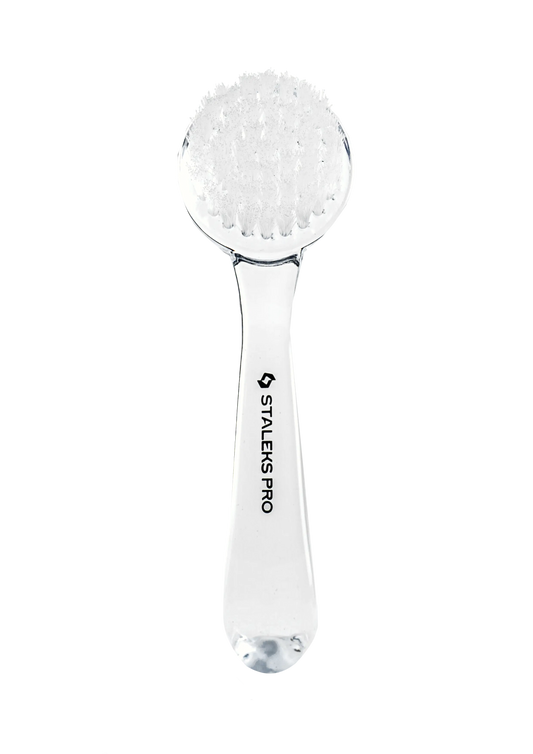 Brosse à ongles transparente STALEKS EXPERT 01 DBE-01 avec poils synthétiques blancs et manche incurvé