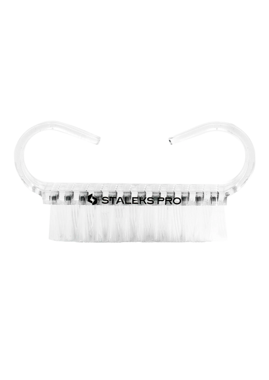 Brosse à ongles Staleks Pro EXPERT 02 transparente, poils blancs, vue de face (lot de 10).