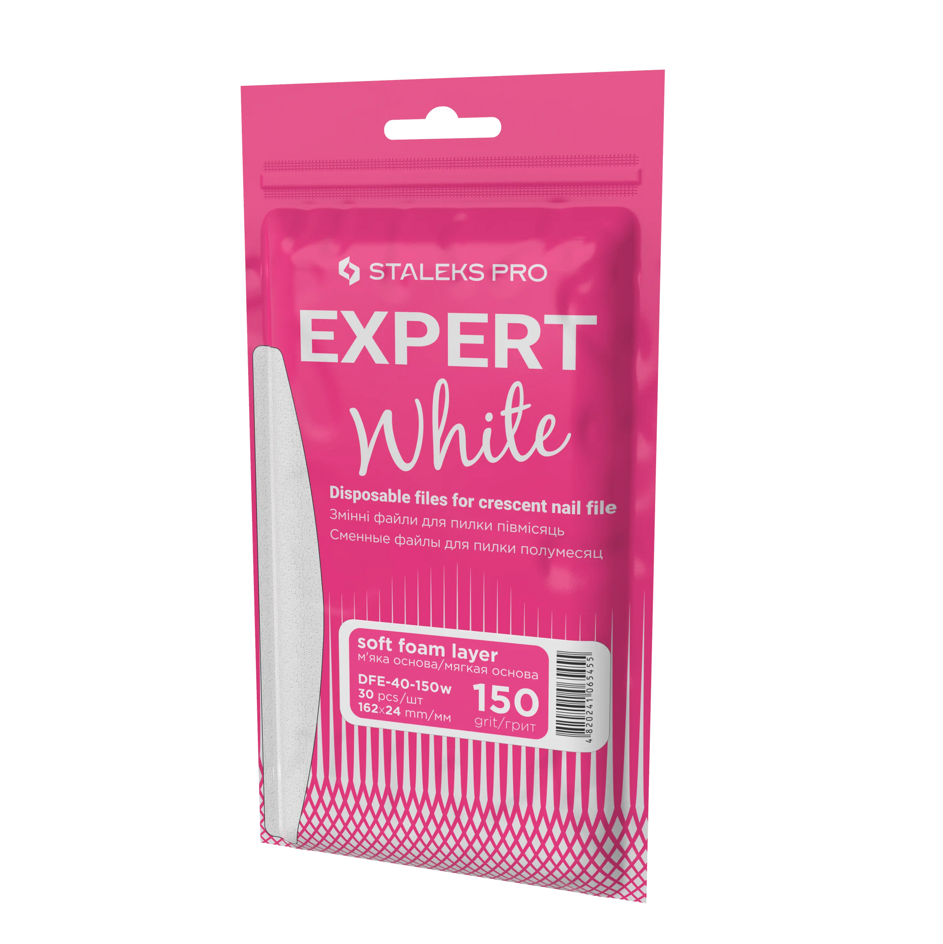 Vue inclinée du sachet Staleks Pro Expert White DFE-40-150W, recharges mousse grain 150.