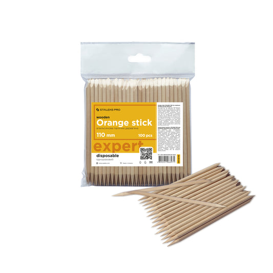 Lot de 100 bâtonnets bois d’oranger 110 mm, vue pack sur fond blanc.