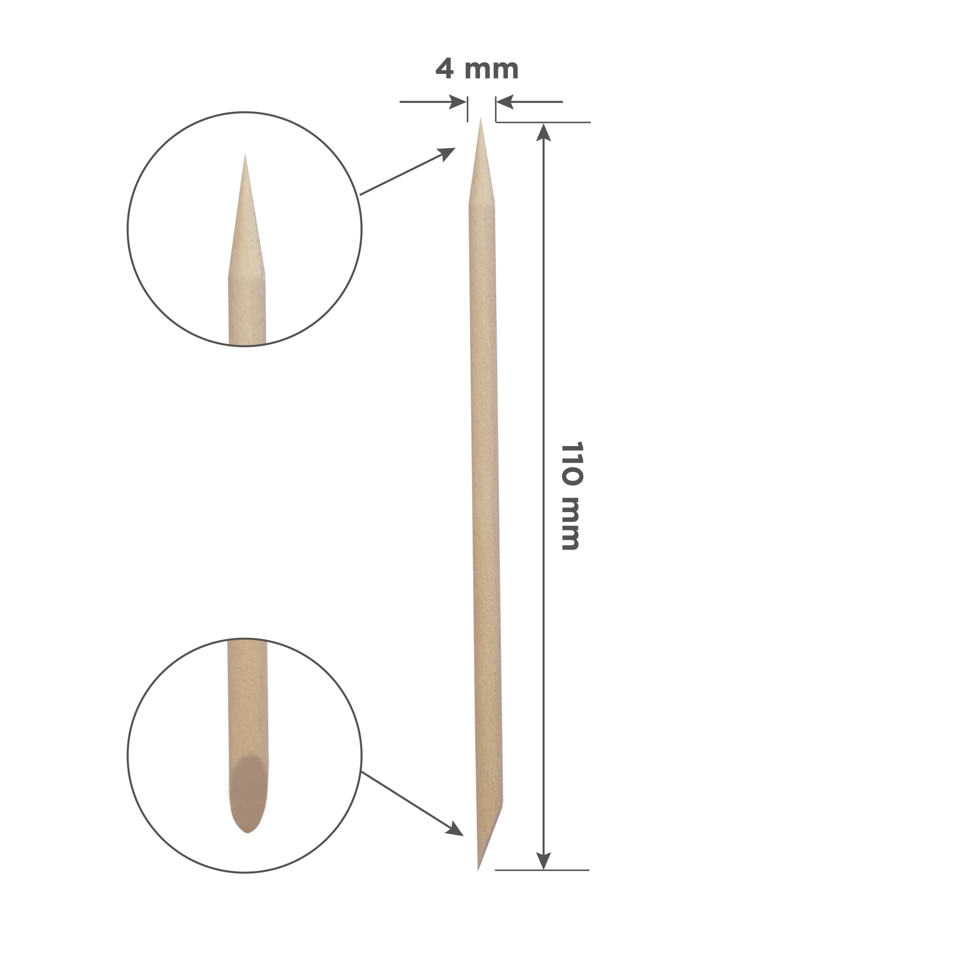 Schéma bâtonnet 110 mm × 4 mm avec détails embouts pointu et plat.