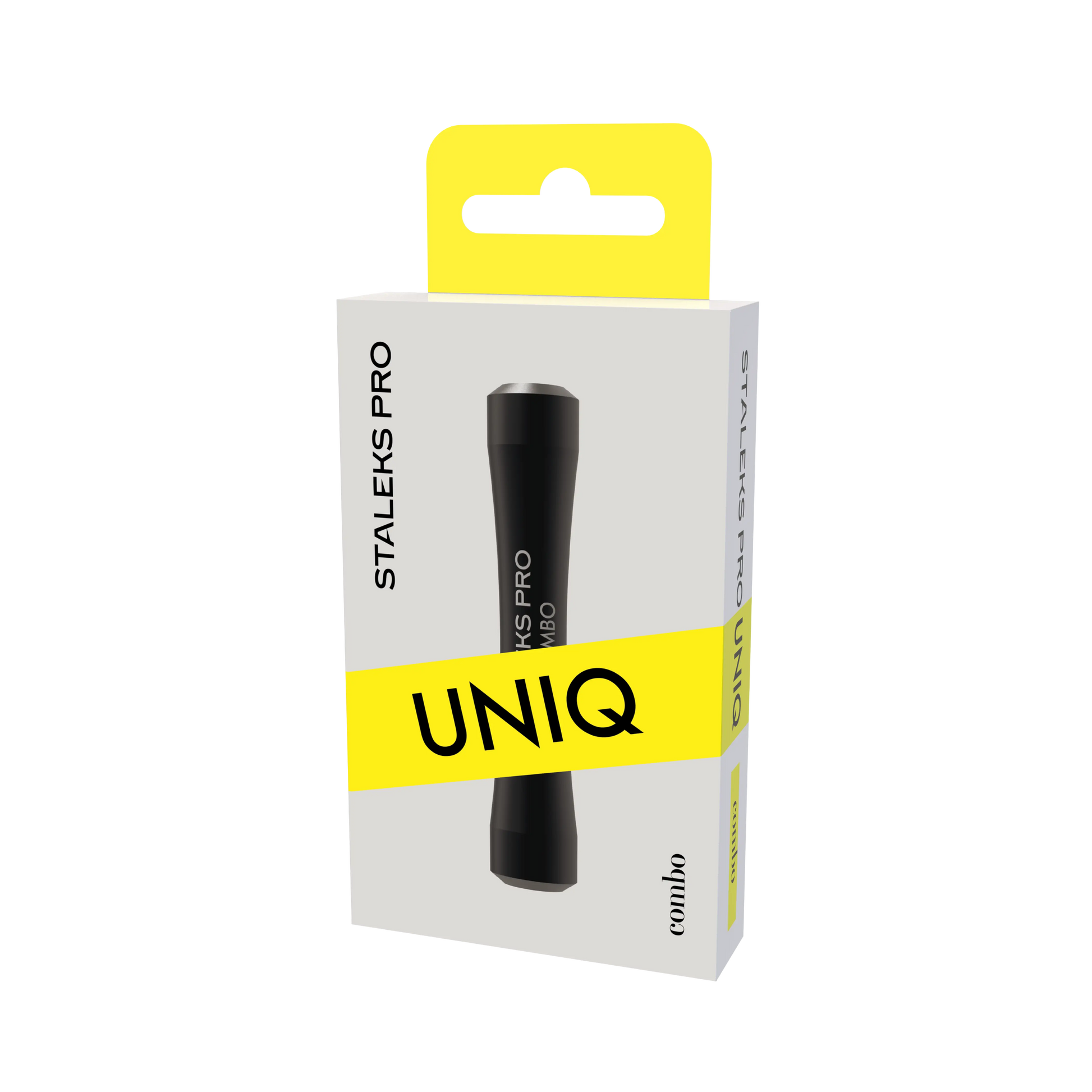 Packaging UNIQ : manche COMBO noir, boîte produit en perspective.