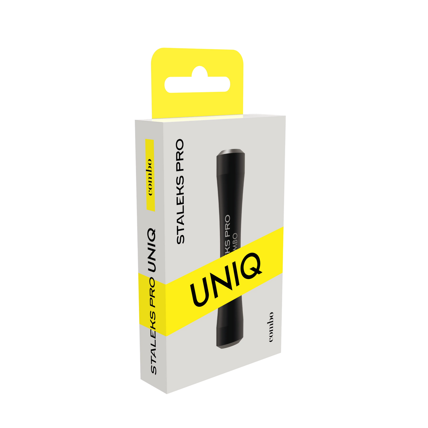 Packaging UNIQ : manche COMBO noir, vue 3/4 gauche (tranche “STALEKS PRO”).