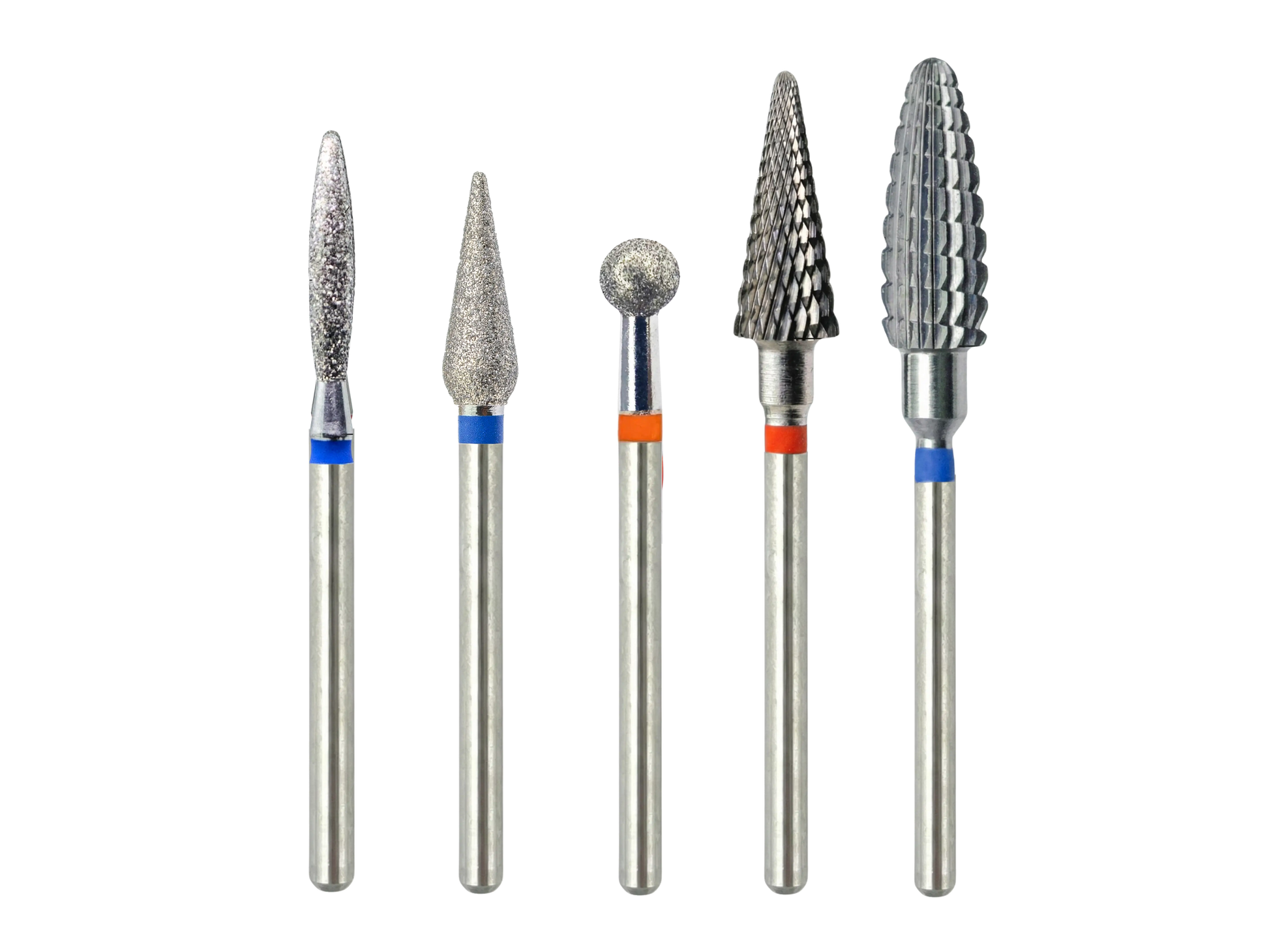 Kit complet de 5 embouts de ponceuse alignés, combinant embouts diamant et carbure pour la préparation, le nettoyage et le retrait de matière.