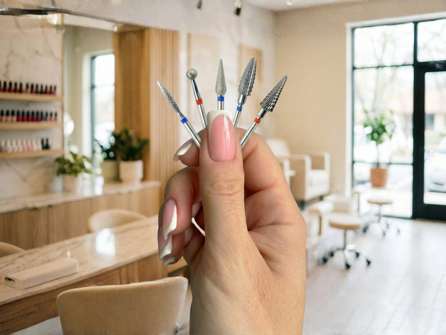 Main tenant en éventail cinq embouts de ponceuse dans un salon de manucure, illustrant un kit polyvalent diamant et carbure pour le travail des ongles.