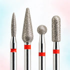 Kit débutant KMIZ de 4 embouts diamant pour ponceuse à ongles : flamme, tulipe, boule et tonneau à bague rouge.