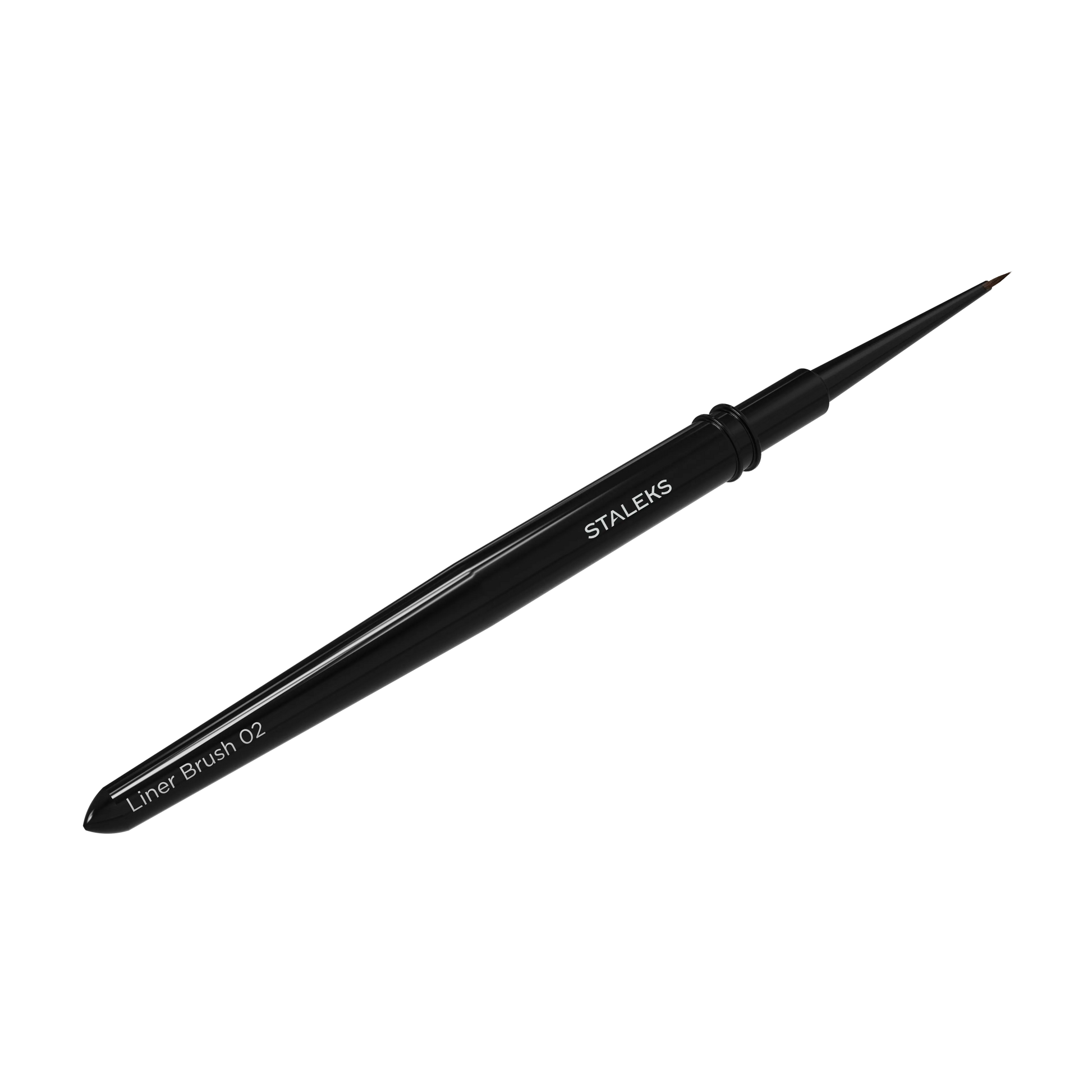 Pinceau liner STALEKS EXPERT 02 en perspective avec manche noir en aluminium et pointe fine