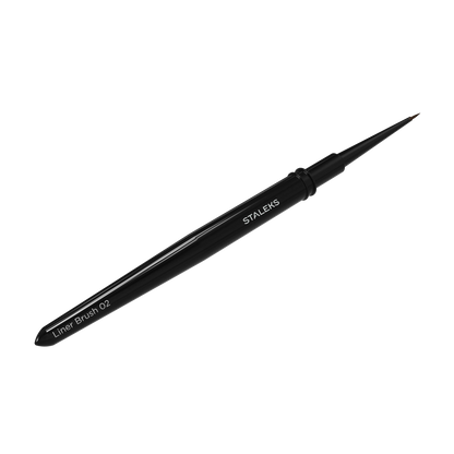 Pinceau liner STALEKS EXPERT 02 en perspective avec manche noir en aluminium et pointe fine