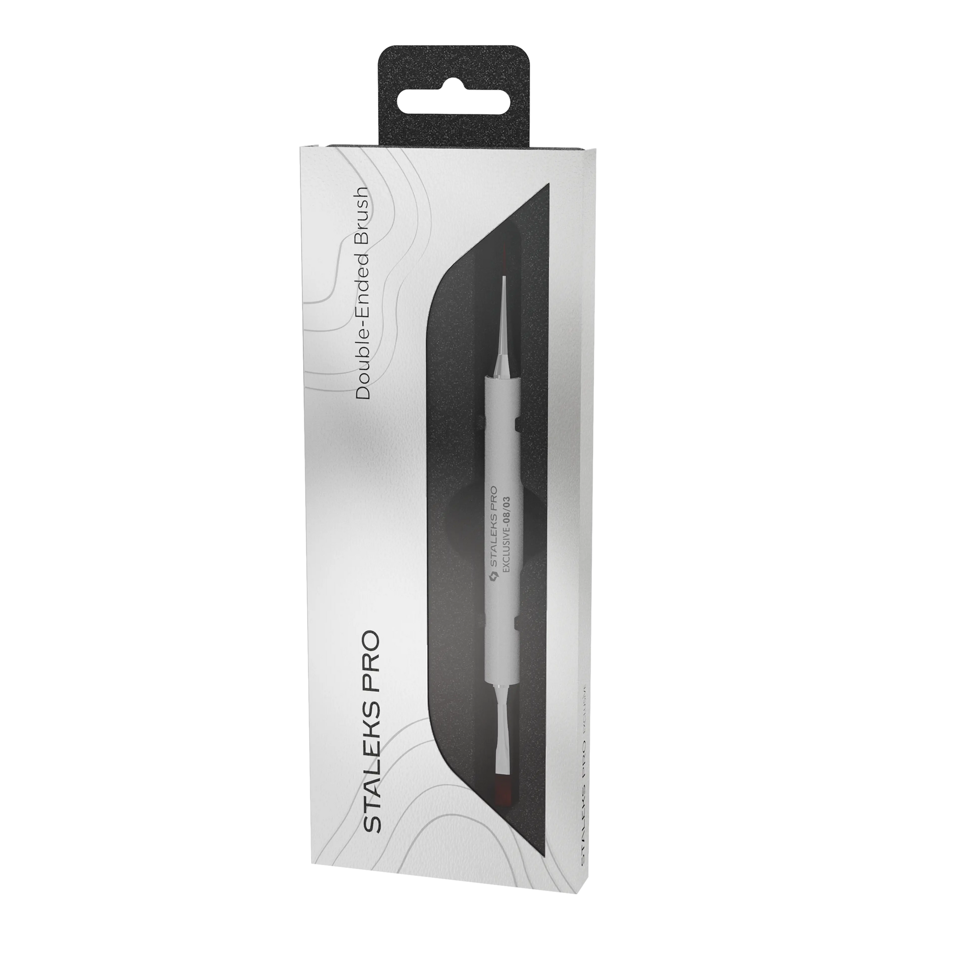 Boîte du pinceau double embout Staleks Pro Exclusive 08/03 pour gel, liner et nail art professionnel
