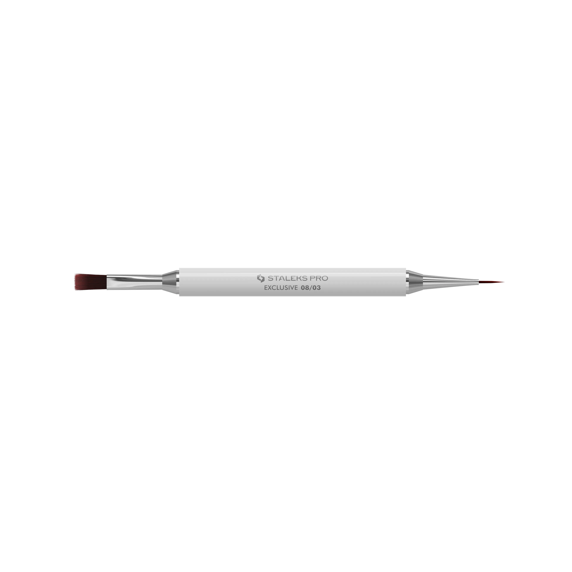 Pinceau double face Staleks Pro Exclusive 08/03 ouvert avec embout gel droit et liner fin pour nail art