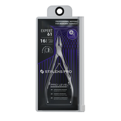 Emballage officiel STALEKS Expert 61 NE-61-16, pince coupe-ongles incarnés professionnelle présentée dans son étui plastique.