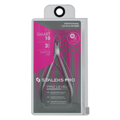 Emballage officiel STALEKS Smart NS-10-3, pince à envies professionnelle présentée dans son étui plastique rose et gris.