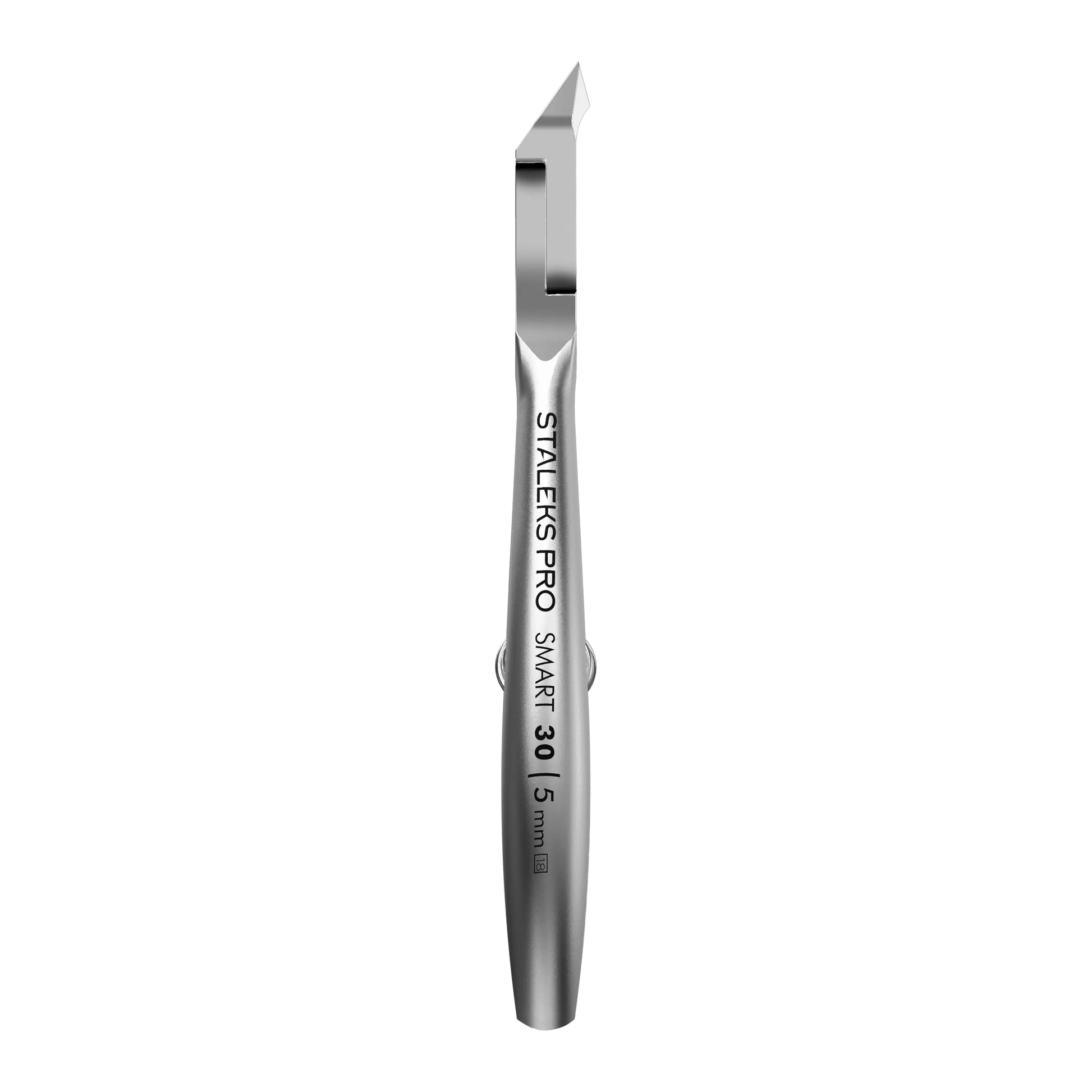 Vue de profil de la pince fermée, montrant la finesse du manche et l'alignement précis de la tête de coupe. Le design est épuré avec une finition métallique mate.