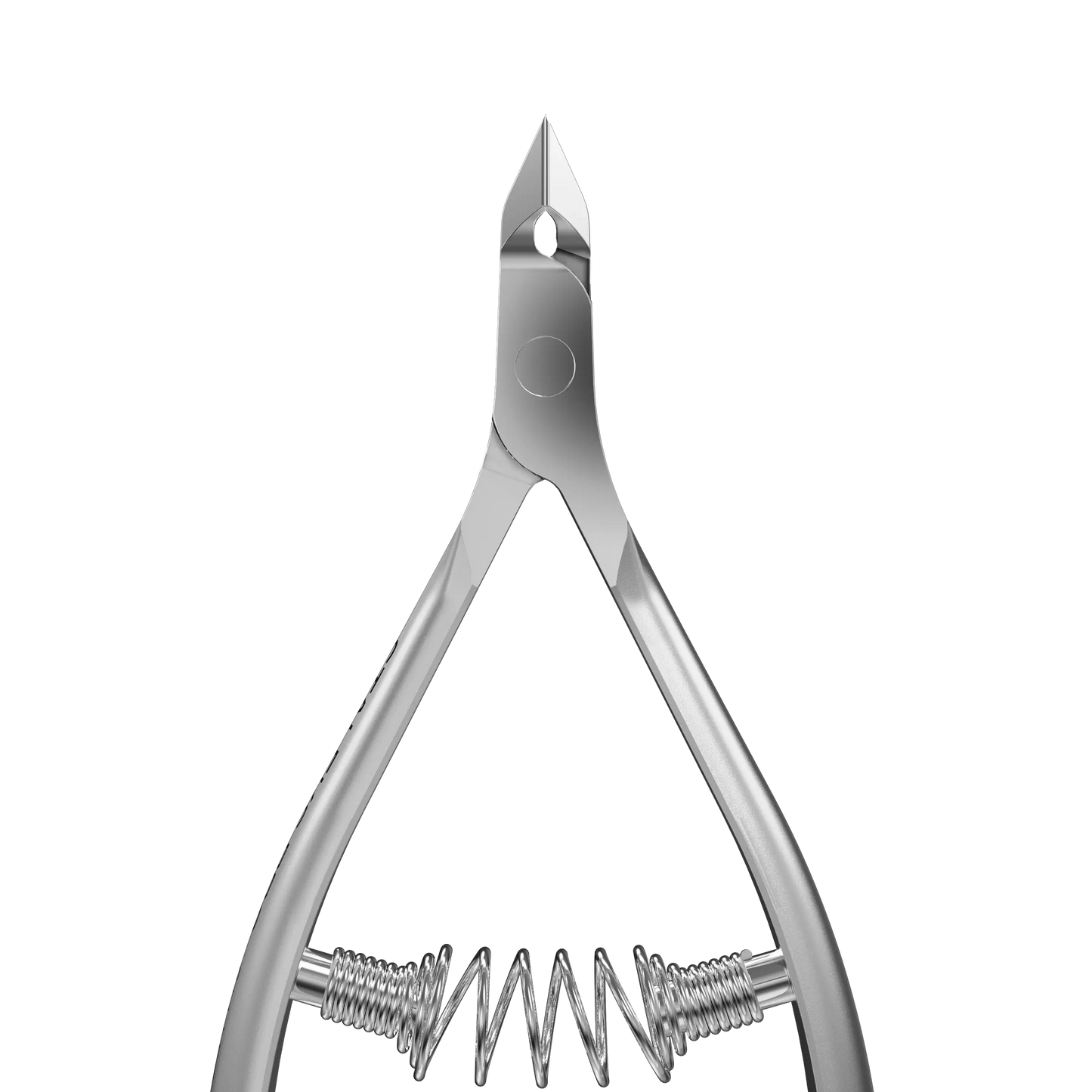 Gros plan sur la tête de coupe de la pince. Les lames sont parfaitement affûtées et se rejoignent avec précision. On distingue le rivet d'articulation lisse et la partie supérieure du ressort.