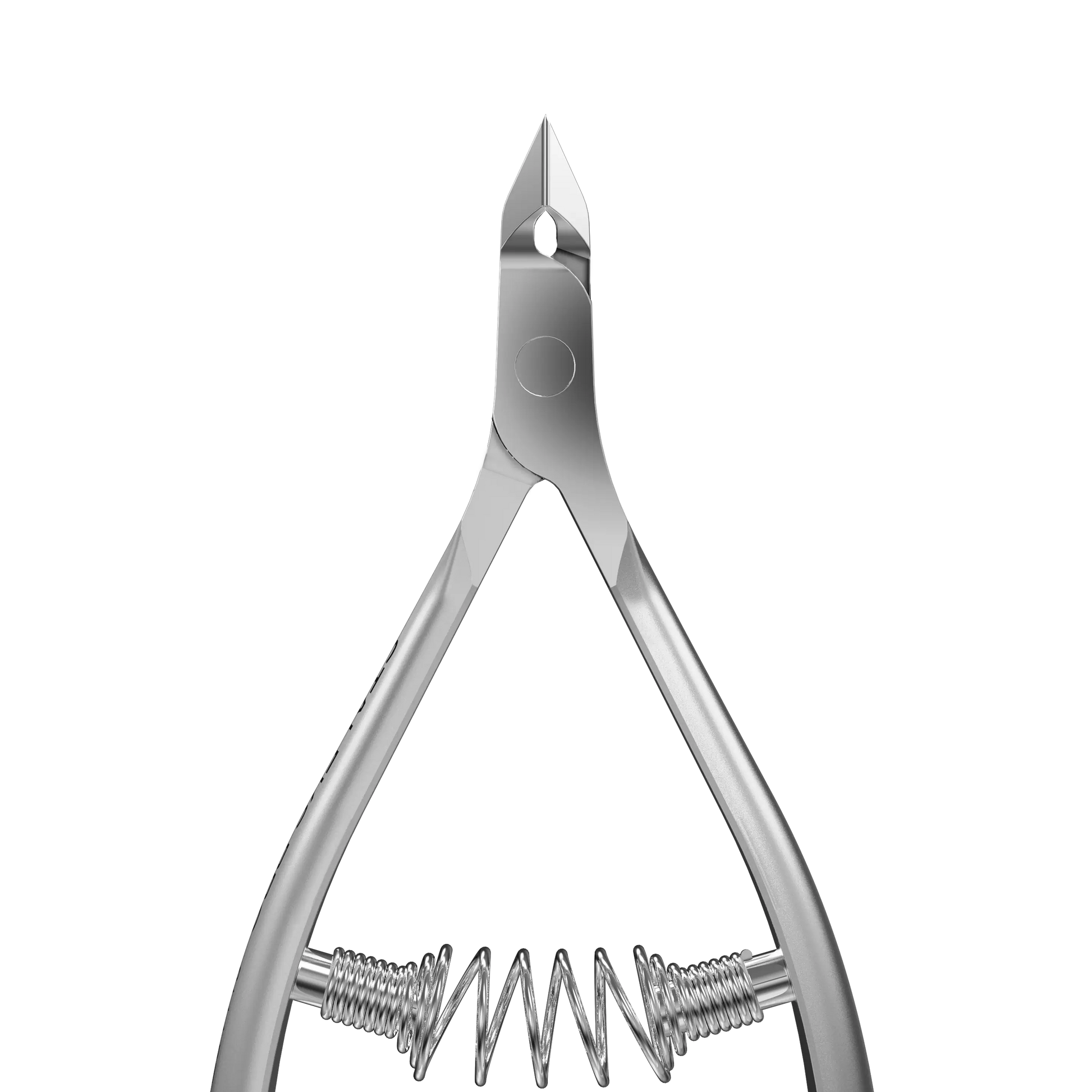 Gros plan sur la tête de coupe de la pince. Les lames sont parfaitement affûtées et se rejoignent avec précision. On distingue le rivet d'articulation lisse et la partie supérieure du ressort.
