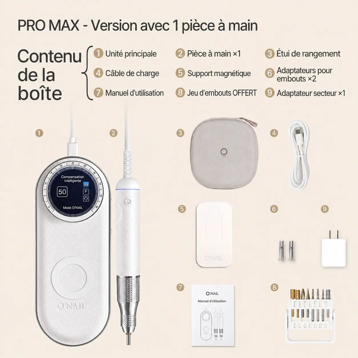 Contenu de la boîte de la ponceuse professionnelle O Nail Pro Max 50K avec pièce à main, accessoires, embouts, support, chargeur et étui