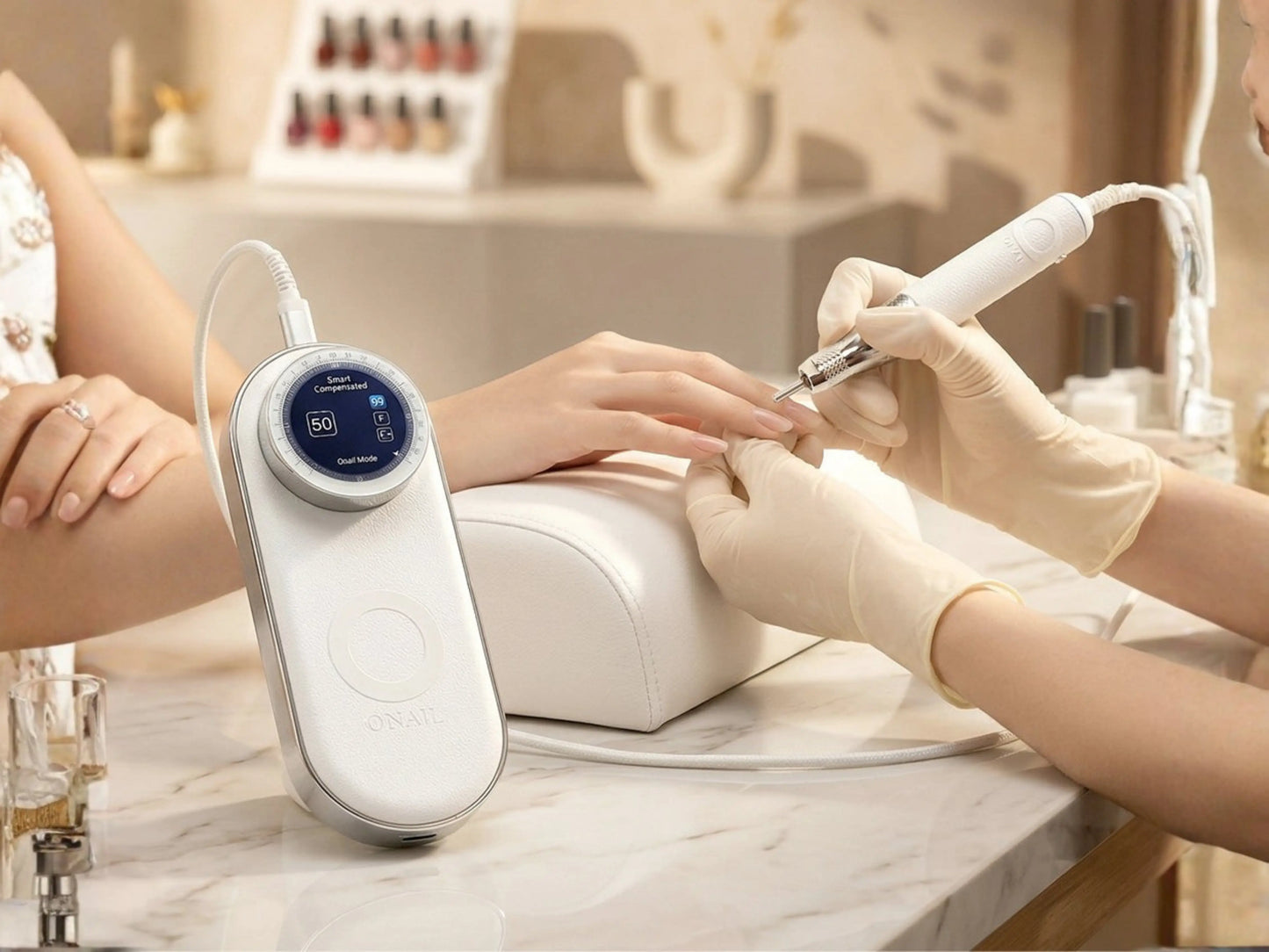 Ponceuse O Nail Pro Max 50K utilisée par une prothésiste ongulaire pendant une manucure professionnelle