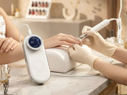 Ponceuse O Nail Pro Max 50K utilisée par une prothésiste ongulaire pendant une manucure professionnelle