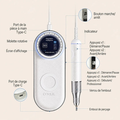 Commandes et connexions de la ponceuse O Nail Pro Max 50K avec écran, molette, ports USB-C et pièce à main