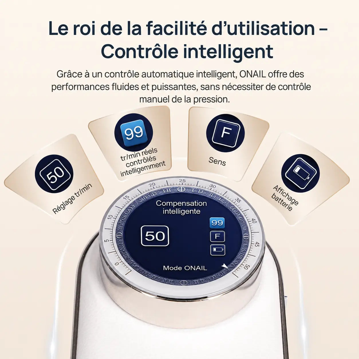 Écran de contrôle intelligent de la ponceuse O Nail Pro Max 50K avec vitesse, sens de rotation et niveau de batterie