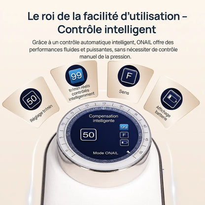 Écran de contrôle intelligent de la ponceuse O Nail Pro Max 50K avec vitesse, sens de rotation et niveau de batterie